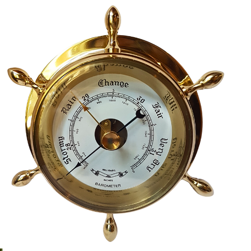 Ships Wheel Brass Barometer Showing Barometric Weather Pressure