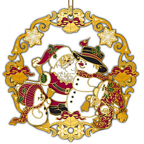 3D Santa Clauses Meets The Snowy Snowman Christmas Ornament Finished In 18K Gold