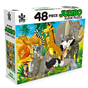 48-piece jumbo floor puzzle box with jungle animals on a white background