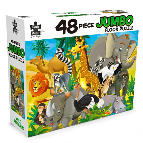 48-piece jumbo floor puzzle box with jungle animals on a white background