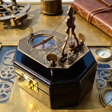 Vintage-style compass with intricate design on a metallic surface