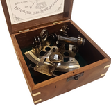 Antique Style Brass Navigation Sextant In Wooden Box With Glass Lid