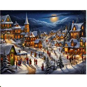 Christmas Eve Snowy Village Canvas Framed Picture