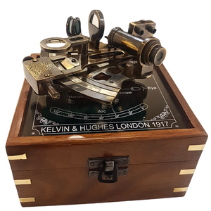 Antique Style Brass Navigation Sextant In Wooden Box With Glass Lid