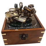 Antique Style Brass Navigation Sextant In Wooden Box With Glass Lid