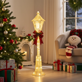 Decorative Christmas scene with a lit-up street lamp, tree, and presents in a living room.
