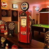 Vintage-style Ampol gas pump in a room with pool table and dartboards