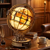 Decorative globe with mechanical design on a wooden table with books and a cup.