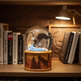 Decorative snow globe with eagle design on a wooden shelf.
