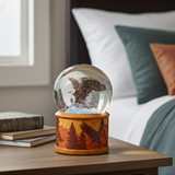 Decorative snow globe with eagle design on a wooden stand in a cozy room.