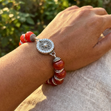 Beautiful Fire Stone Semi Precious Agate Gemstone and Sterling Silver Bracelet