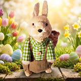 Straw rabbit toy in a checkered shirt with Easter eggs and flowers in the background