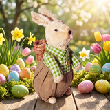 Stuffed bunny with a green checkered scarf in an Easter setting with eggs and flowers.