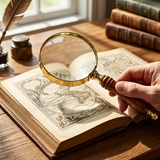 Hand holding a magnifying glass over an open book with world map illustrations on a wooden surface.