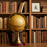 Vintage globe on a wooden shelf with books