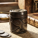 A dark metallic Celtic  cylindrical container with an embossed bird design, styled on an open book with vintage coins, a magnifying glass, and old books in the background.