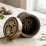 An antique-style Celtic bronze keepsake box with a lid featuring a carved bird design, shown open on a rustic wooden table.