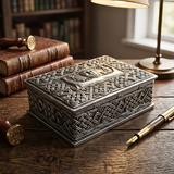 An ornate rectangular gunmetal keepsake box with embossed Celtic knotwork patterns and a raised Greenman on the lid, displayed on a wooden table with books, a lamp, and a fountain pen nearby.