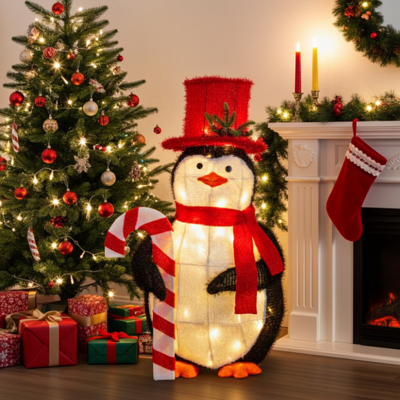 Decorative penguin with a red hat and scarf in a festive room with Christmas tree and stockings.