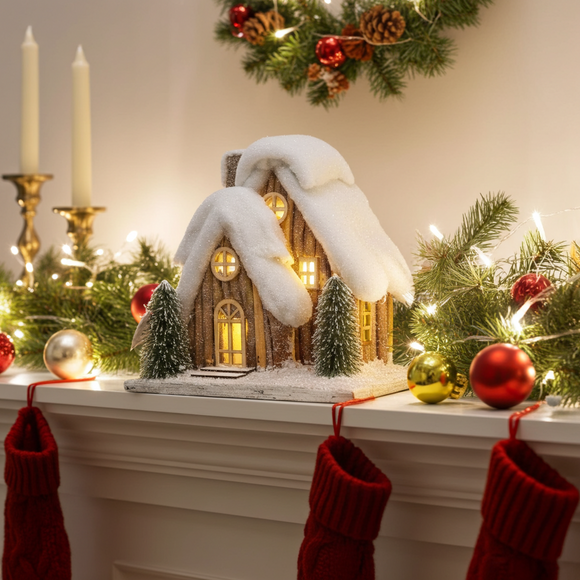 Christmas In The Woods Snowy 32 cm  LED Log Cabin Christmas Decor