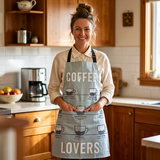 A woman smiling in a warm kitchen while wearing a light blue apron printed with coffee-themed illustrations and the words 'COFFEE LOVERS'.