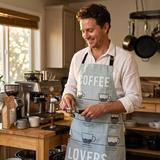 A man wearing a white button-up shirt and a light blue apron with coffee-themed illustrations and the words 'COFFEE LOVERS' stands in a warm, sunlit kitchen, holding a portafilter in front of an espresso machine.