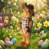 Easter Bunny in a plaid outfit standing in a garden with flowers and Easter eggs.