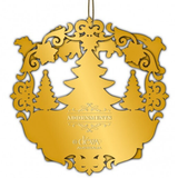 Gold Christmas wreath ornament with trees inside, featuring 'deva Australia' branding.