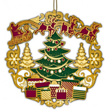 Decorative Christmas ornament with a tree, presents, and sleigh design on a white background