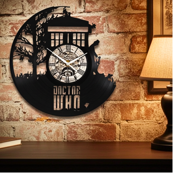 Decorative wall clock with 'Doctor Who' design on a brick wall background