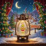Decorative lantern with 'Grinch' character inside, surrounded by Christmas trees and 'Whoville' sign.