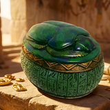 Decorative green scarab beetle with hieroglyphics on a stone surface