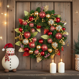 Decorative Christmas wreath with ornaments on a wooden wall, snowman figurine, and candles.