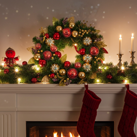 Decorative Christmas wreath on a fireplace mantel with stockings and candles.