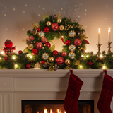 Decorative Christmas wreath on a fireplace mantel with stockings and candles.