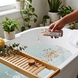 A hand pours colorful bath salts from a clear jar into a white bathtub filled with water, with a wooden caddy and potted plants in a bright bathroom setting.