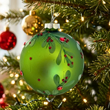 Green Christmas ornament with holly design on a tree