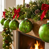 Green Christmas ornaments on a wooden mantel with festive decorations.