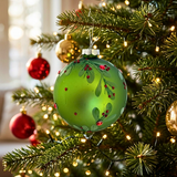 Green Christmas ornament with red details on a decorated tree