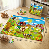 Children's farm-themed puzzle mat with toys on a wooden floor