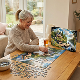 Woman working on a puzzle with a scenic box in a cozy living room.