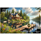 Scenic puzzle of a cabin by a lake with a dock and surrounding nature.