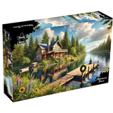Jigsaw puzzle box featuring a scenic cabin by a lake with a dock.