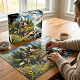 Person working on a puzzle of a cabin scene with a scenic box, cup of tea, and bowl of snacks on a wooden table.