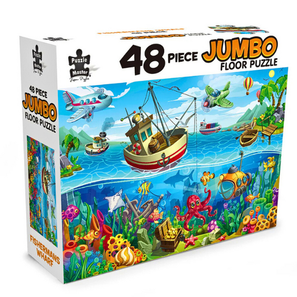 Jumbo floor puzzle packaging with an underwater scene and boats on a white background