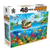 Jumbo floor puzzle packaging with an underwater scene and boats on a white background