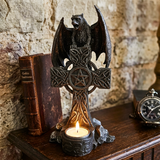 Gothic Cold Cast Celtic Cross and Bat Tea Night Candle Holder