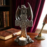 Gothic Cold Cast Celtic Cross and Bat Tea Night Candle Holder