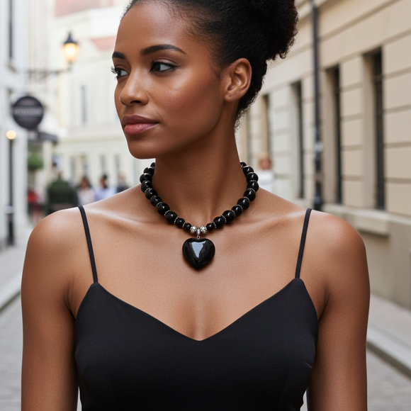 Woman wearing a black  agate necklace with a heart pendant on a city street