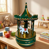 Decorative carousel toy on a table with toys and books in the background